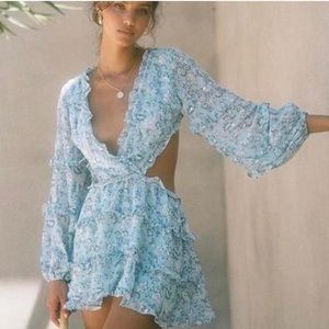 Blue Floral Sabo Skirt cut out dress with silver specks